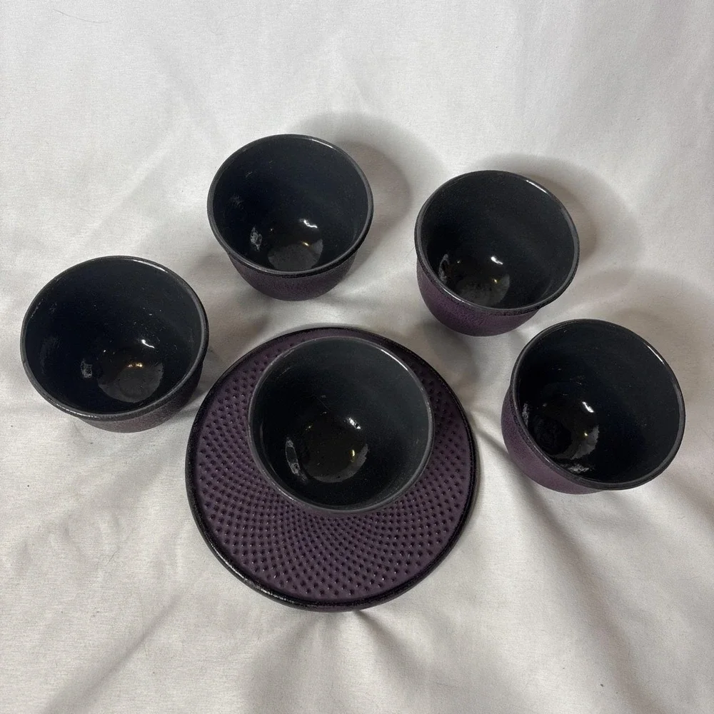Vtg Purple Hobnail Cast Iron Japanese Tetsubin Teacup Set 5 Cups 1 Saucer